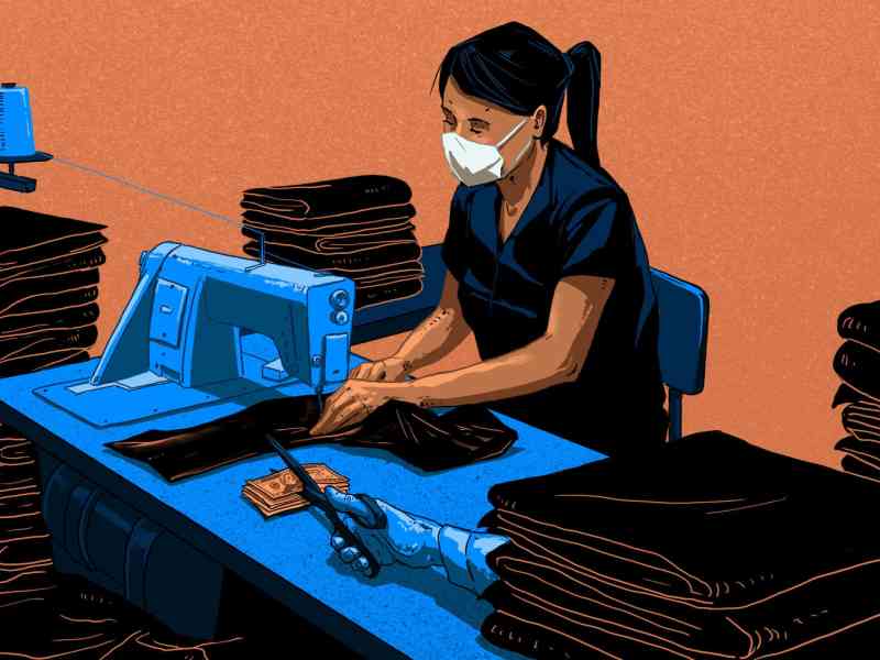 An illustration of a garment worker sitting at a sewing machine as she sews. There is a hand that appears with scissors that cuts money that is laying down on the table the worker is sewing on.