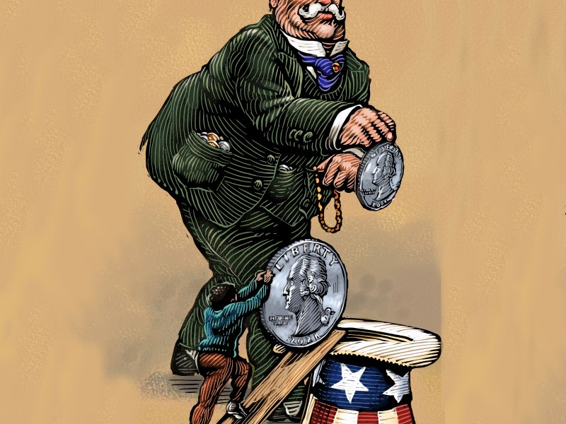 An illustration in drawing style shows a small person pushing a quarter as large as them up a plank to drop into an Uncle Sam hat while a very large man -- dressed well, pockets full of coins -- easily drops his quarter in.