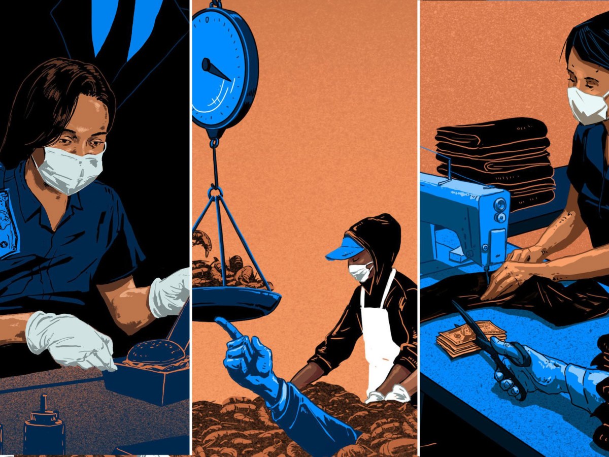 This illustration shows four things: it shows a woman prepare fast food while someone stand behind her and steals money from her pocket; one shows seafood workers prepping food while a scale with seafood on it is tipped by a hand; and one that shows a woman at a sewing machine making clothes while a hand cuts money with scissors.